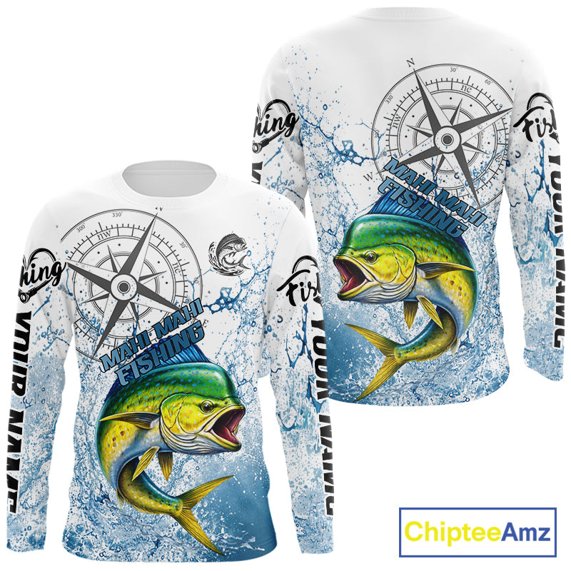 Custom Mahi Mahi Long Sleeve Fishing Shirts Saltwater Fish, Compass Offshore Tournament Fishing Shirts NBT552