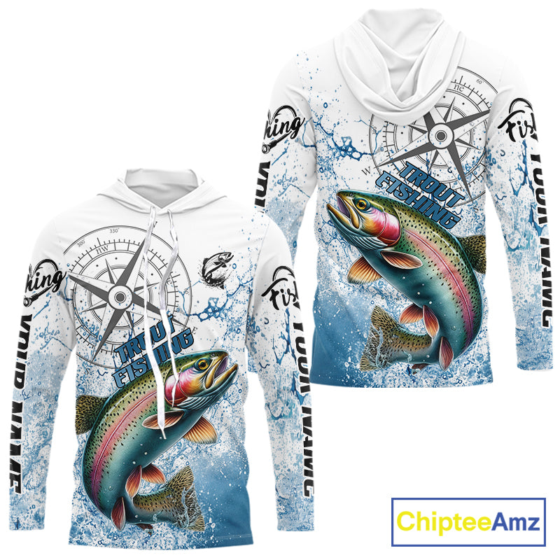 Custom Rainbow Trout Long Sleeve Hooded Fishing Shirts, Compass Tournament Fishing Shirts For Men NBT554