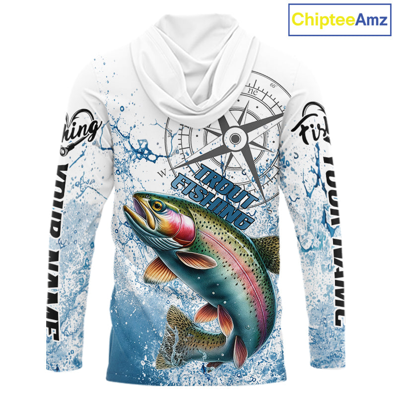 Custom Rainbow Trout Long Sleeve Hooded Fishing Shirts, Compass Tournament Fishing Shirts For Men NBT554