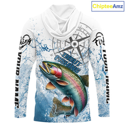 Custom Rainbow Trout Long Sleeve Hooded Fishing Shirts, Compass Tournament Fishing Shirts For Men NBT554