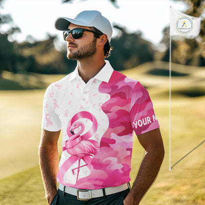 A golfer man in a golf course wearing a funny pink camo flamingo breast cancer awareness golf polo shirt with “Your Name” and a golf course graphic on the sleeve.