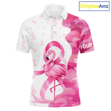 Load image into Gallery viewer, Matching polo shirt with pink flamingo design and breast cancer awareness ribbons