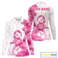 Load image into Gallery viewer, Front and back views of a womens Breast Cancer Awareness pink ribbon golf polo shirt, name text on the sleeve and team name on the back.