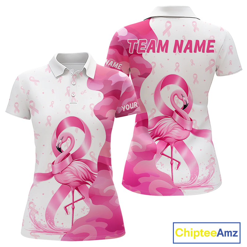 Front and back views of a womens Breast Cancer Awareness flamingo and pink ribbon golf polo shirt, name text on the sleeve and team name on the back.