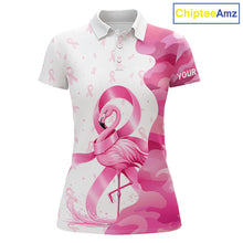 Load image into Gallery viewer, Matching golf polo shirt with pink flamingo design and breast cancer awareness ribbons
