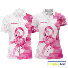 Load image into Gallery viewer, Matching golf polo shirt with pink flamingo design and breast cancer awareness ribbons. Customized her name, his name and team name