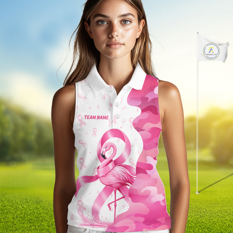A woman wearing a Breast Cancer Awareness pink ribbon golf polo shirt with “Your Name” on the chest.
