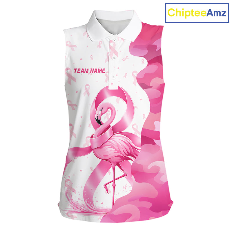 Front views of a womens Breast Cancer Awareness flamingo and pink ribbon sleeveless golf polo shirt, name text on the chest.