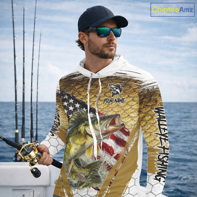 American Flag Walleye Long Sleeve Hooded Fishing Shirts Fish Scale, Custom Patriotric Walleye Fishing Shirts NBT394