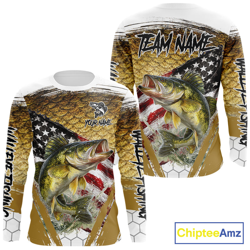 American Flag Walleye Fishing Shirts Long Sleeve Fish Scale, Custom Patriotric Walleye Fishing Shirts NBT394