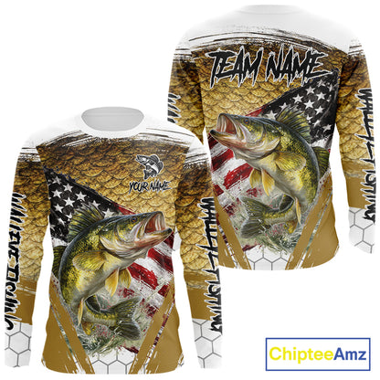 American Flag Walleye Fishing Shirts Long Sleeve Fish Scale, Custom Patriotric Walleye Fishing Shirts NBT394