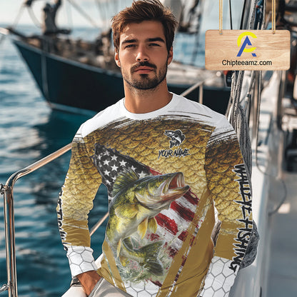 American Flag Walleye Fishing Shirts Long Sleeve Fish Scale, Custom Patriotric Walleye Fishing Shirts NBT394