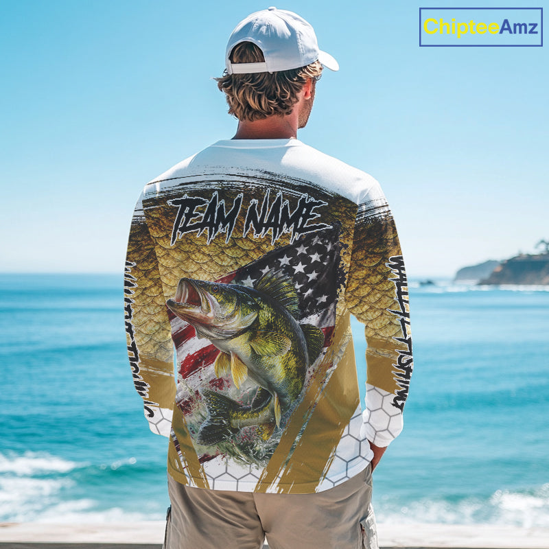American Flag Walleye Fishing Shirts Long Sleeve Fish Scale, Custom Patriotric Walleye Fishing Shirts NBT394