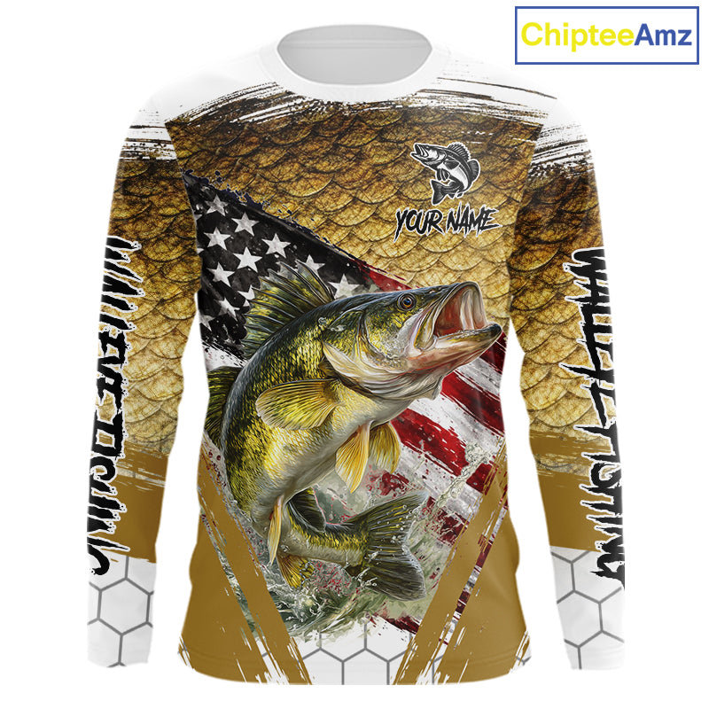 American Flag Walleye Fishing Shirts Long Sleeve Fish Scale, Custom Patriotric Walleye Fishing Shirts NBT394