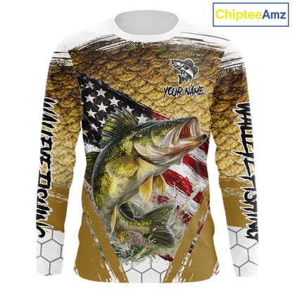 American Flag Walleye Fishing Shirts Long Sleeve Fish Scale, Custom Patriotric Walleye Fishing Shirts NBT394