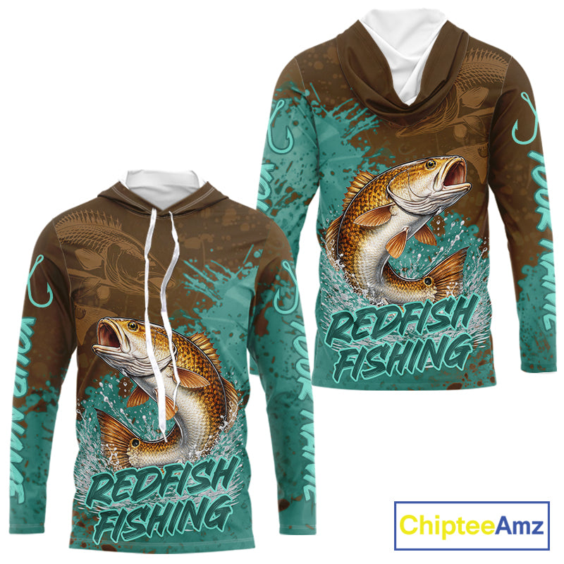 Personalized Redfish Long Sleeve Hooded Fishing Shirts Brown Turquoise Camo, Redfish Fishing Shirts For Men NBT396