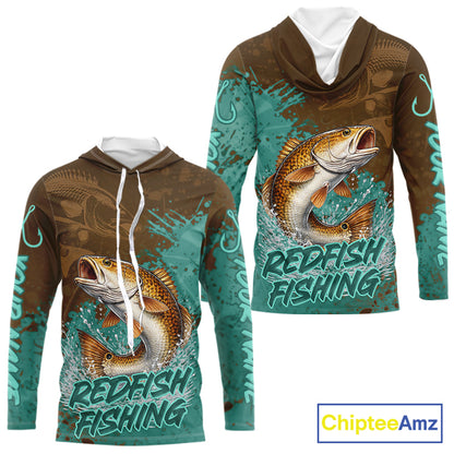 Personalized Redfish Long Sleeve Hooded Fishing Shirts Brown Turquoise Camo, Redfish Fishing Shirts For Men NBT396
