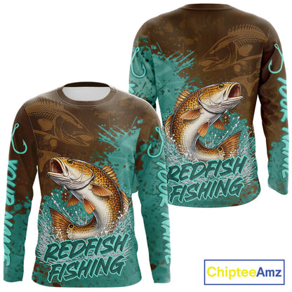 Personalized Redfish Fishing Shirts Long Sleeve Brown Turquoise Camo, Redfish Fishing Shirts For Men NBT396