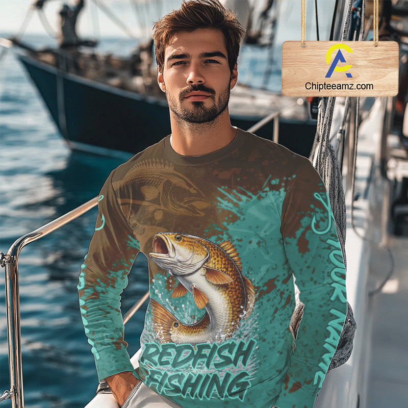 Personalized Redfish Fishing Shirts Long Sleeve Brown Turquoise Camo, Redfish Fishing Shirts For Men NBT396
