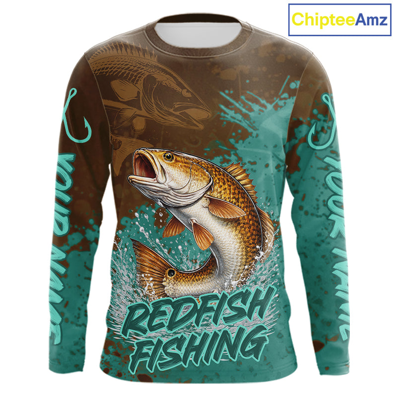Personalized Redfish Fishing Shirts Long Sleeve Brown Turquoise Camo, Redfish Fishing Shirts For Men NBT396