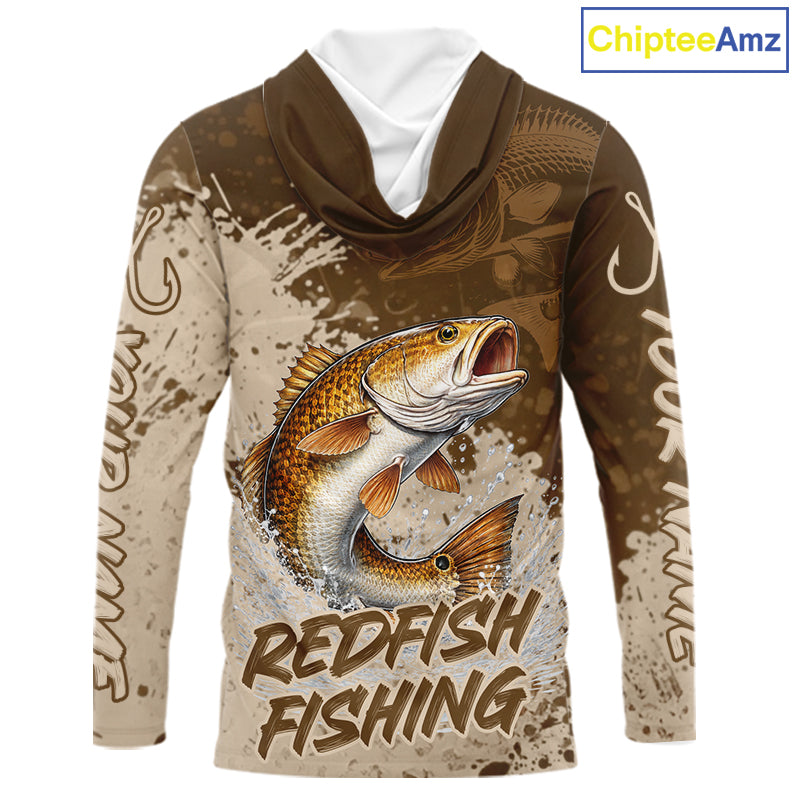 Personalized Redfish Long Sleeve Hooded Fishing Shirts Brown Camo, Redfish Fishing Shirts For Men NBT397