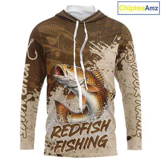 Personalized Redfish Long Sleeve Hooded Fishing Shirts Brown Camo, Redfish Fishing Shirts For Men NBT397