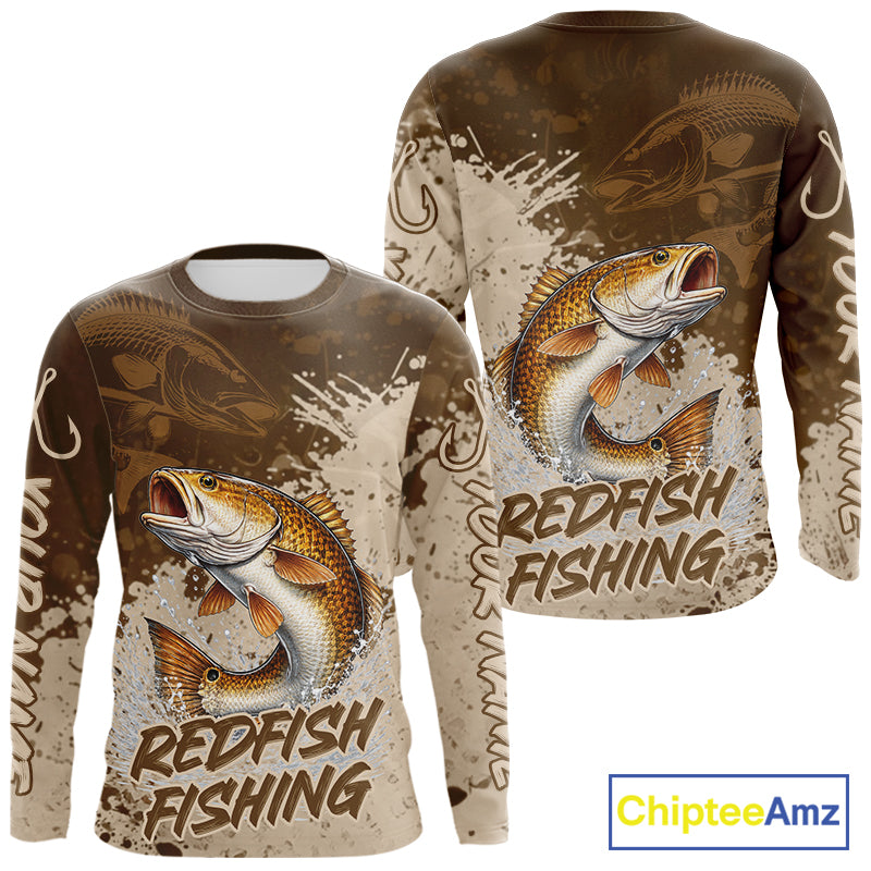 Personalized Redfish Fishing Shirts Long Sleeve Brown Camo, Redfish Fishing Shirts For Men NBT397