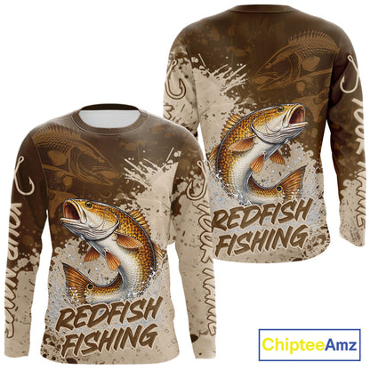 Personalized Redfish Fishing Shirts Long Sleeve Brown Camo, Redfish Fishing Shirts For Men NBT397