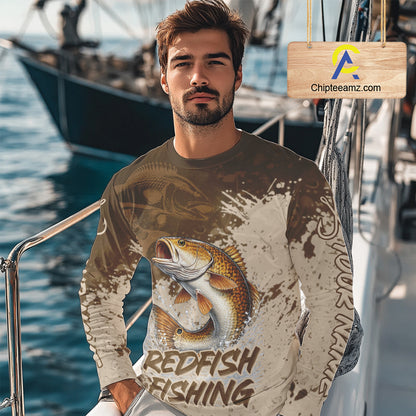 Personalized Redfish Fishing Shirts Long Sleeve Brown Camo, Redfish Fishing Shirts For Men NBT397