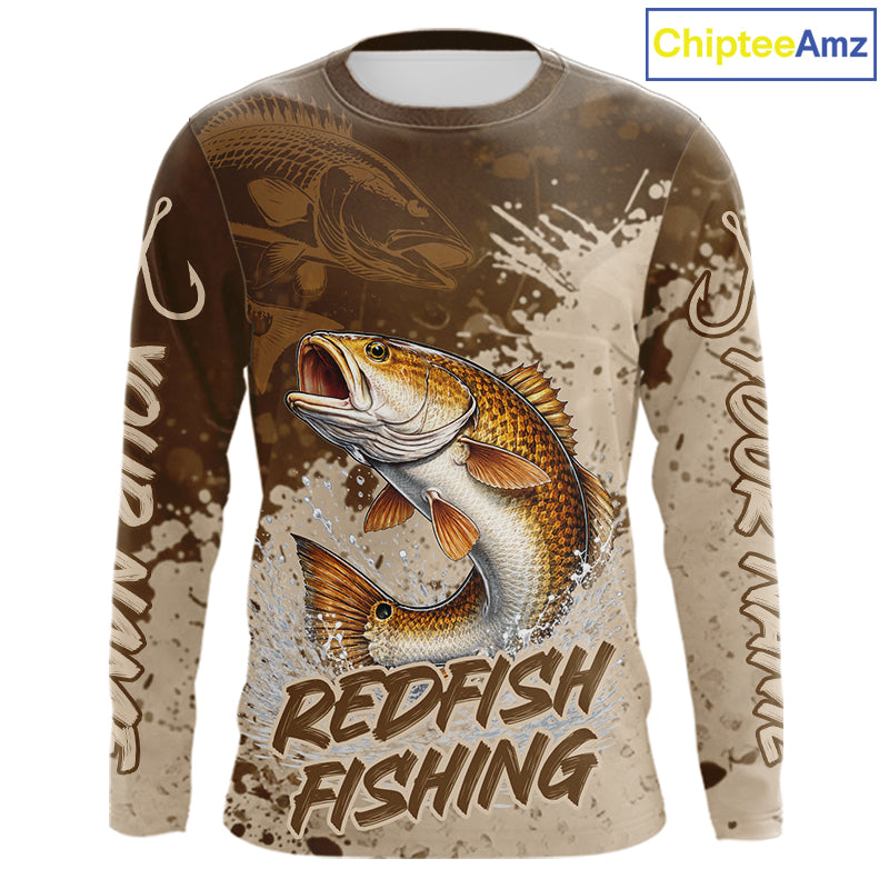 Personalized Redfish Fishing Shirts Long Sleeve Brown Camo, Redfish Fishing Shirts For Men NBT397