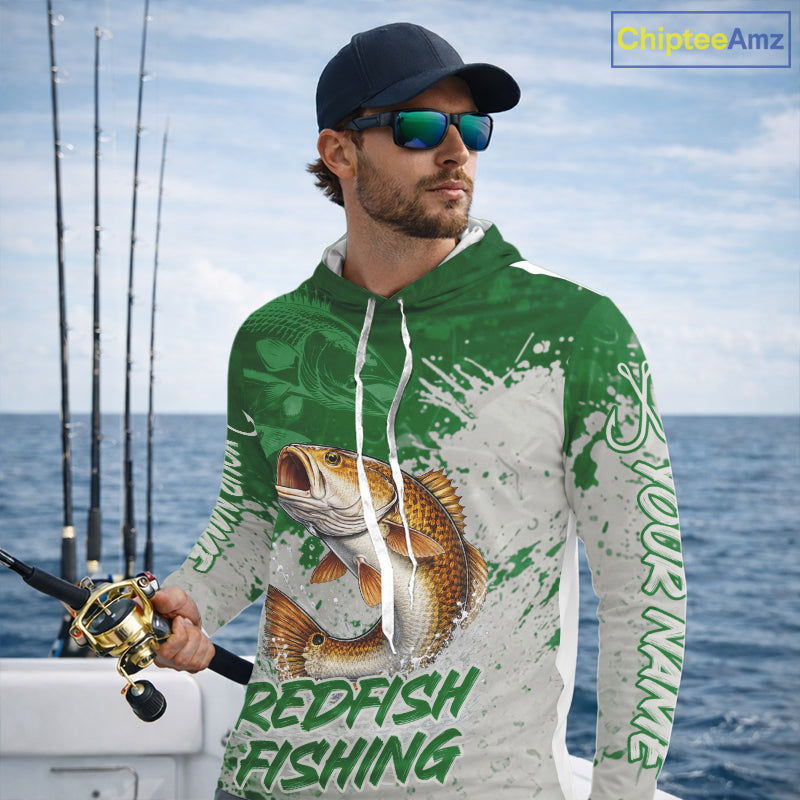 Personalized Redfish Long Sleeve Hooded Fishing Shirts Green Camo, Redfish Fishing Shirts For Men NBT398