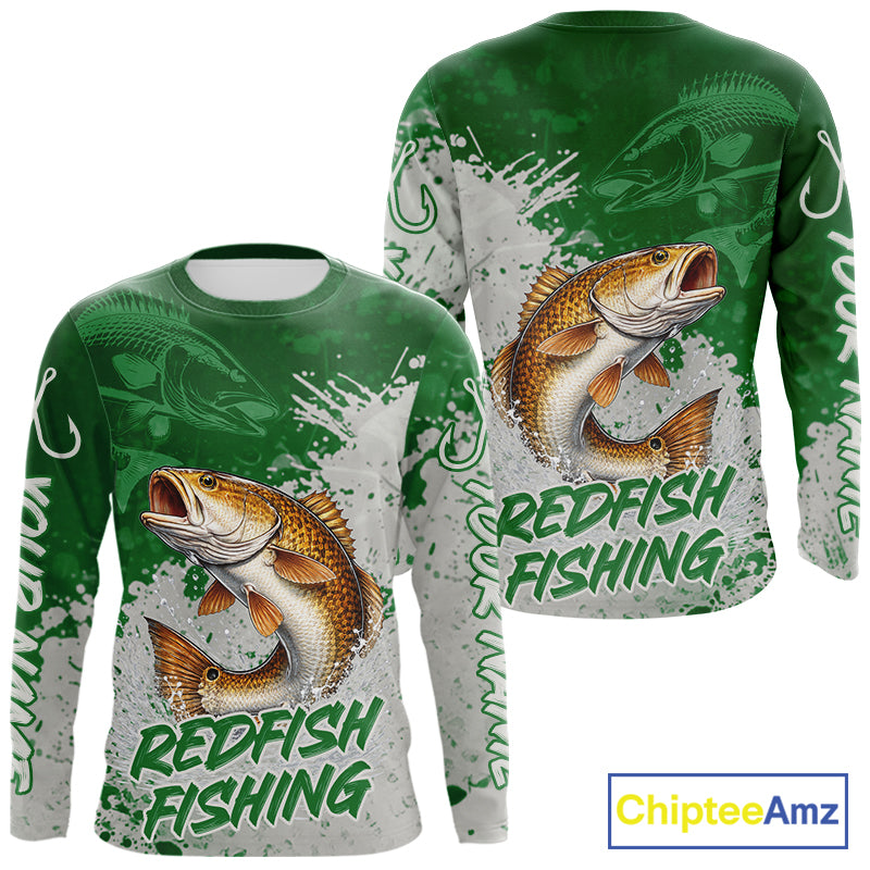 Personalized Redfish Fishing Shirts Long Sleeve Green Camo, Redfish Fishing Shirts For Men NBT398