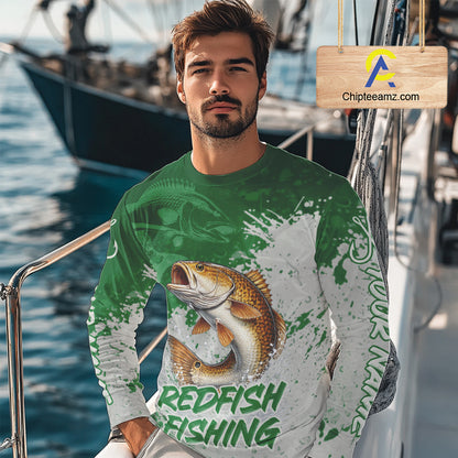 Personalized Redfish Fishing Shirts Long Sleeve Green Camo, Redfish Fishing Shirts For Men NBT398
