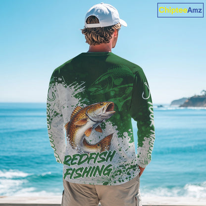 Personalized Redfish Fishing Shirts Long Sleeve Green Camo, Redfish Fishing Shirts For Men NBT398