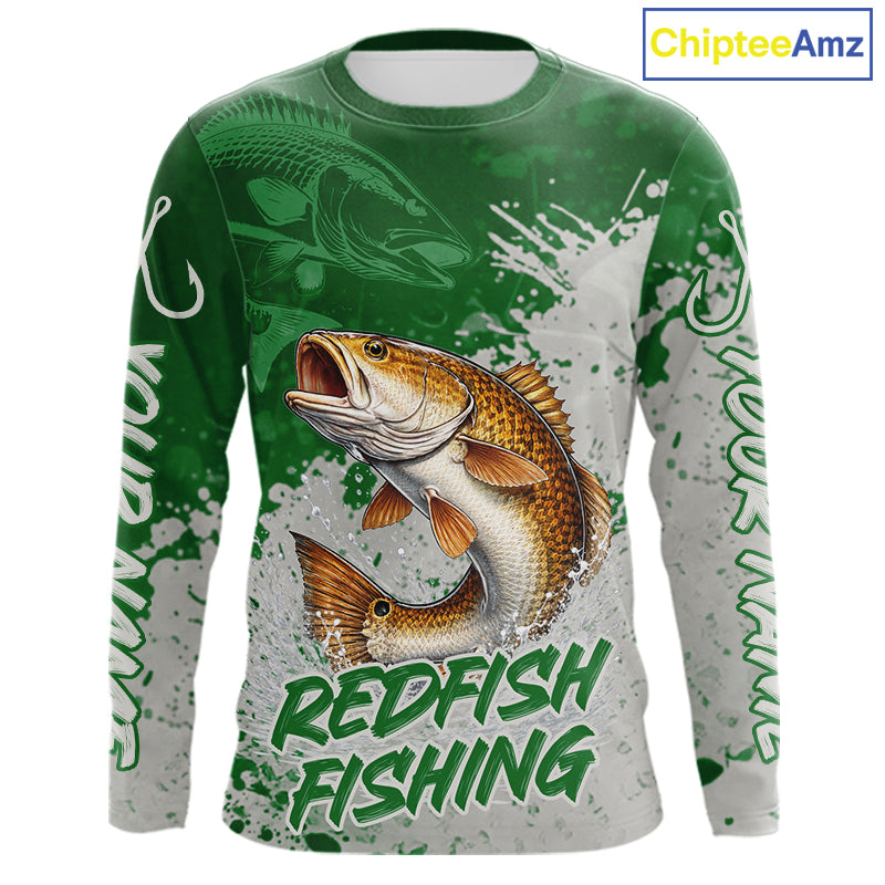Personalized Redfish Fishing Shirts Long Sleeve Green Camo, Redfish Fishing Shirts For Men NBT398