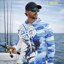 Load image into Gallery viewer, Custom Blue Camo Saltwater Sailfish Long Sleeve Hooded Fishing Shirts, Offshore Fishing Shirt NBT794