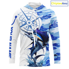 Load image into Gallery viewer, Custom Blue Camo Saltwater Sailfish Long Sleeve Hooded Fishing Shirts, Offshore Fishing Shirt NBT794