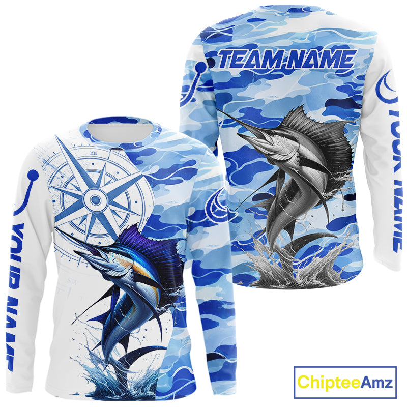 Front and back views of a sailfish fishing shirt long sleeve, custom name text on the sleeve and team name on the back.