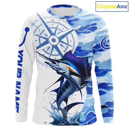 Front views of a sailfish fishing shirt long sleeve with name text on the sleeve.