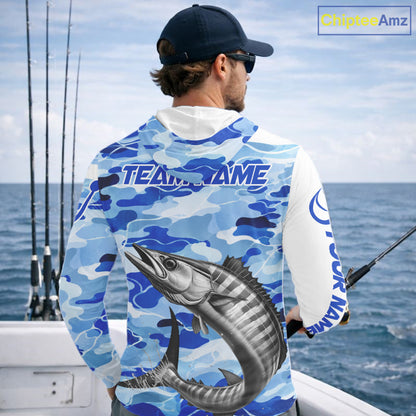 Custom Blue Camo Saltwater Wahoo Long Sleeve Hooded Fishing Shirts, Offshore Fishing Shirt NBT796