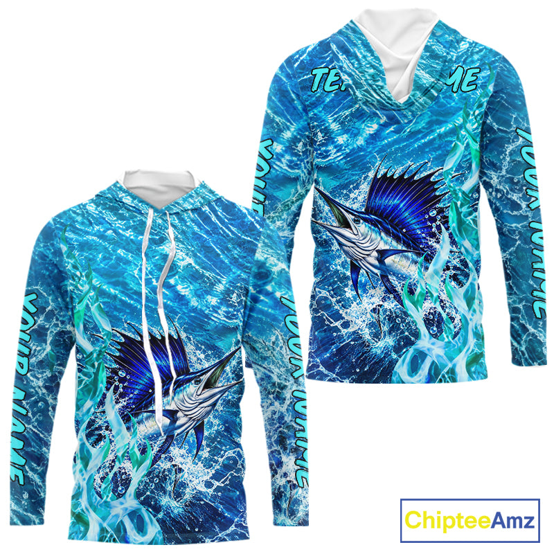 Personalized Sailfish Saltwater Blue Long Sleeve Hooded Performance Fishing Shirts, Sailfish Fishing Jersey NBT1254
