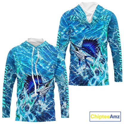 Personalized Sailfish Saltwater Blue Long Sleeve Hooded Performance Fishing Shirts, Sailfish Fishing Jersey NBT1254