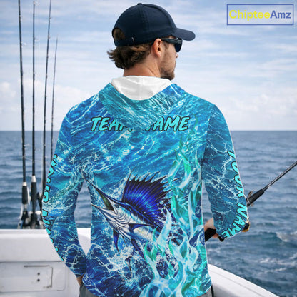 Personalized Sailfish Saltwater Blue Long Sleeve Hooded Performance Fishing Shirts, Sailfish Fishing Jersey NBT1254