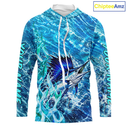 Personalized Sailfish Saltwater Blue Long Sleeve Hooded Performance Fishing Shirts, Sailfish Fishing Jersey NBT1254