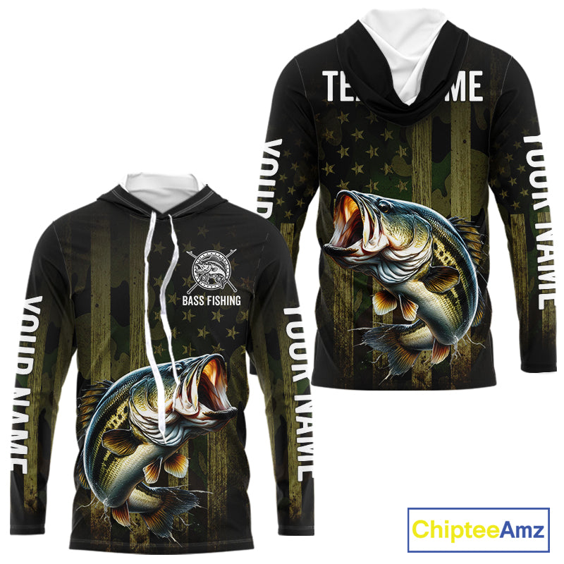 Custom American Flag Bass Long Sleeve Hooded Fishing Shirts, Patriotic Bass Fishing Jerseys NBT1255