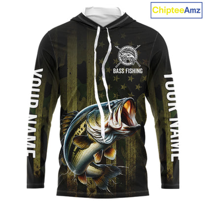 Custom American Flag Bass Long Sleeve Hooded Fishing Shirts, Patriotic Bass Fishing Jerseys NBT1255