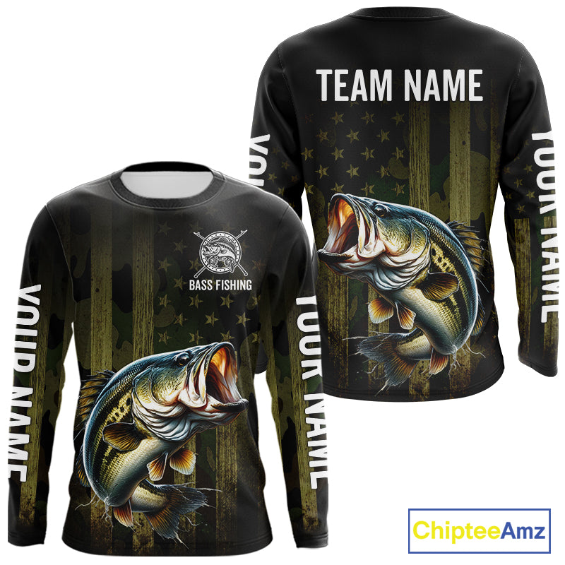 Custom American Flag Bass Long Sleeve Fishing Shirts, Patriotic Bass Fishing Jerseys NBT1255