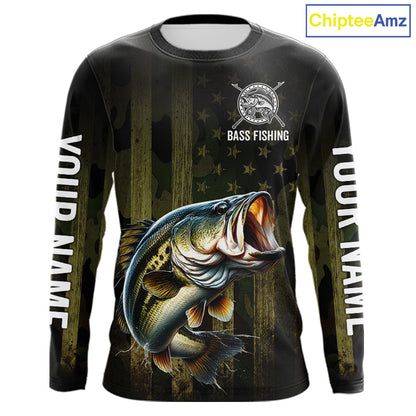 Custom American Flag Bass Long Sleeve Fishing Shirts, Patriotic Bass Fishing Jerseys NBT1255