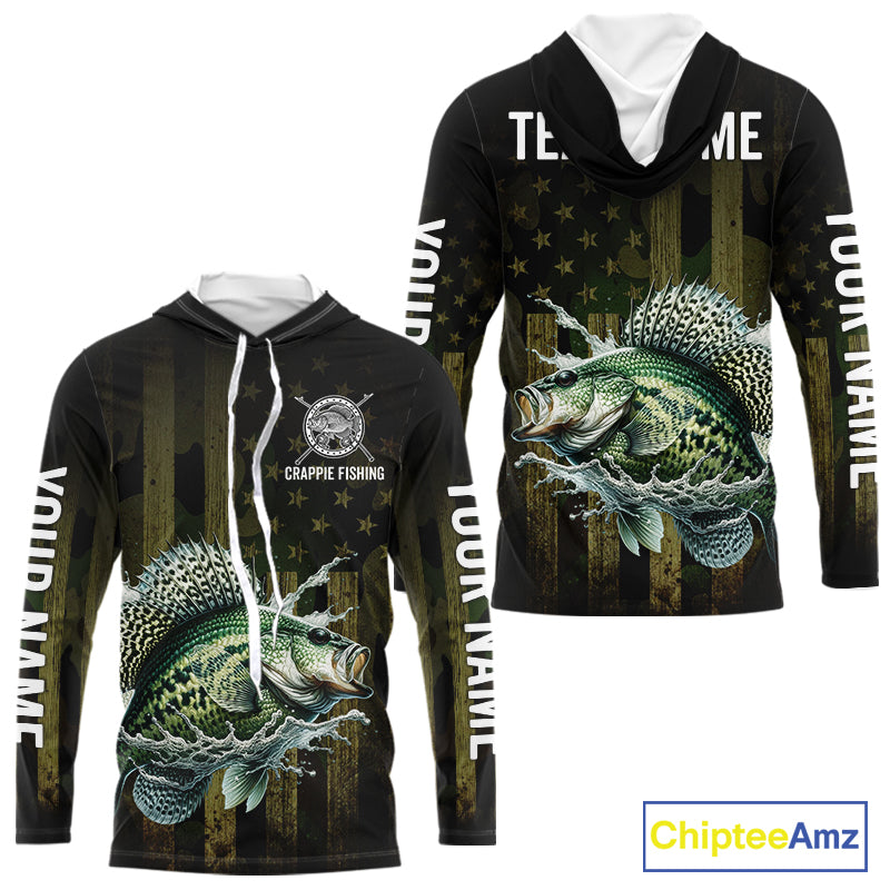 Custom American Flag Crappie Long Sleeve Hooded Fishing Shirts, Patriotic Crappie Fishing Jerseys NBT1256