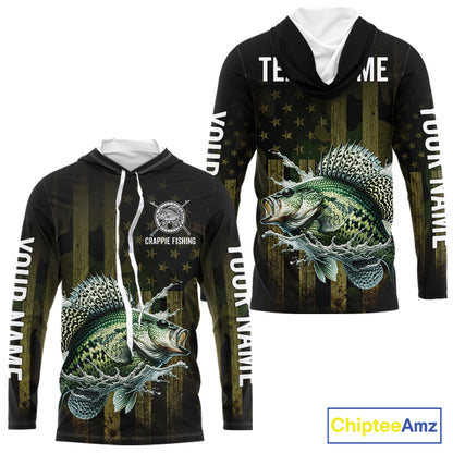 Custom American Flag Crappie Long Sleeve Hooded Fishing Shirts, Patriotic Crappie Fishing Jerseys NBT1256
